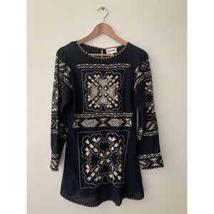 Antik Batik Milos Mini Dress Navy Sz 38/S Embroidered Long Sleeve Greek Isle